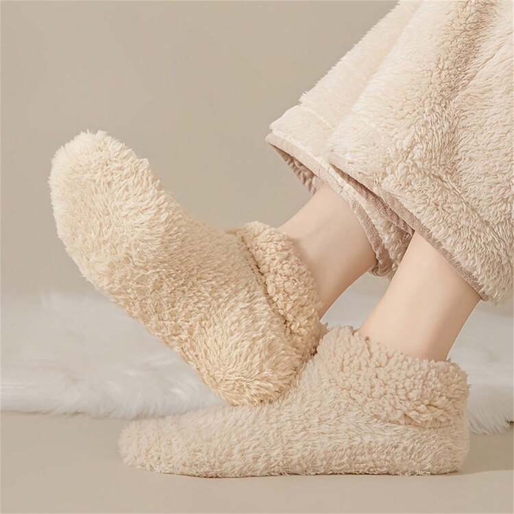 2 双舒适女士毛绒拖鞋 - 纯色涤纶针织面料，毛边，防滑羊羔绒保暖袜，适合冬季睡衣 - 彩色 - 查看 4