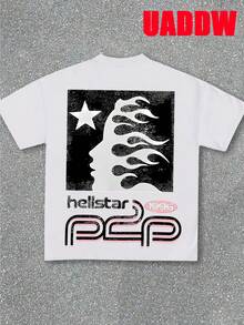 uaddw Men's Street Fashion Style Letters, Face Outline, Pink Meteor Flame Double-Sided Printing 100% Cotton Short-Sleeved Round Neck T-Shirt, Interesting Pattern Men's Clothing, Comfortable And Casual, Suitable For Going Out Tops, Back To School, Street, Daily Wear, Men Clothes - trắng - Xem 3