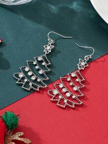 1 Pair Personalized Fashion Christmas Tree Hollow Design Rhinestone Earrings With Star Decoration, Silver Color, Suitable For Women's Daily Wear, Christmas Party And Gift For Family, Wife, Girlfriend, Friend, Christmas Jewelry Gift - Silver - View 5