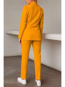 Elegante conjunto de traje liso de manga larga con cuello chal y doble botón para mujer, con bolsillos, para oficina y trabajo. - Mostaza Amarilla - Ver 4