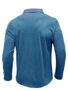 男士加大码长袖 Polo 衫，时尚翻领口袋上衣，秋季款 - 藍色 - 查看 4