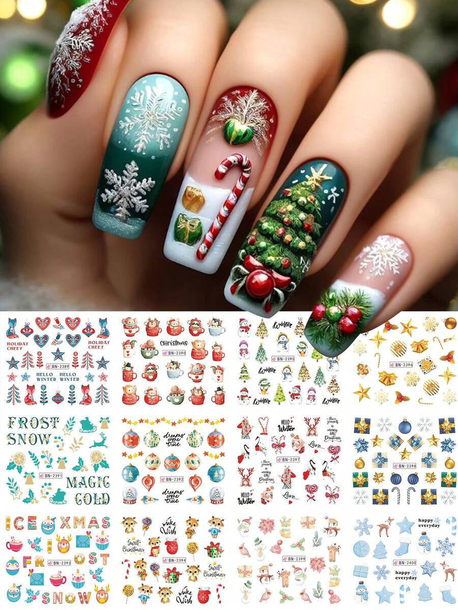 12 modele în 1 buc Crăciun și Anul Nou apă unghii decalcomanii Nail Art autocolante om de zăpadă cadou cerb fulgi de zăpadă glob de cristal stele model filigran manichiură decor unghii consumabile pentru femei și fete