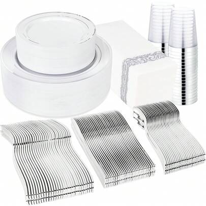 400pcs Silver Plastic Dinnerware Include Silver Plastic Plates,Heavy Duty Dessert Plates,50 Spoons, 100 Forks, 50 Knives, 50 Cups, 50 Napkins, Perfect For Party Birthday Wedding