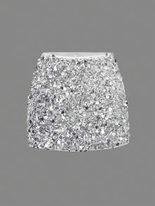 Unadoll Women's Spring And Summer Silver Sequin Wrapped Hip Skirt Versatile Short Skirt, Suitable For Cocktail Parties, Guest Activities, Christmas