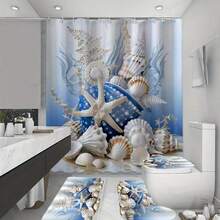 1/4 Stücke kreatives Korallen-Seestern-Muscheldesign Duschvorhang und Liner Set, Heimdekoration Vorhang, Badezimmer Duschvorleger, moderne Badezimmervorhänge, wasserdicht, Badezimmer Teppich, U-förmige Toilettenvorleger, Toilettendeckel, 12 Haken, geeignet für Heimdekoration, Feiertage, tägliche Dekoration, Weihnachtsdekoration, Badezimmerdekoration, Duschdekor, ideales Geschenk