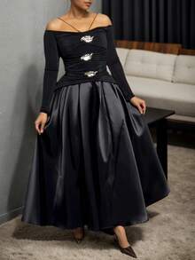 فستان طويل بياقة حلقية وخصر ضيق بطراز فرنسي رجعي أنيق، فستان طويل للنساء بتزيين معدني أسود مفتوح الكتف، مناسب للسهرات والأعياد مثل عيد الميلاد وعيد الشكر