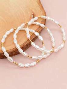 Set de 3 brățări asimetrice cu perle artificiale, stil baroc, bijuterii vintage de culoare aurie, potrivite pentru purtarea zilnică a femeilor, întâlniri, ieșiri de vară, vacanțe la plajă, petreceri, cadou de sărbători, bijuterii cadou