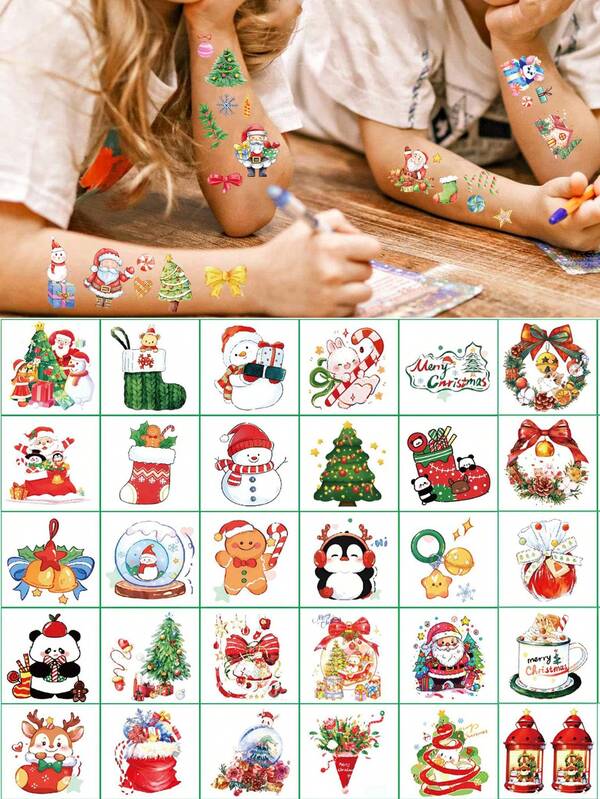 30Pcs Christmas-Themed Temporary Tattoos, Waterproof, Featuring Mini Santa, Snowmen, And Gingerbread Men Designs. Adorable Cartoon Tattoos Perfect For Arms, Backs, Or Anywhere On The Body. A Must-Have For Holiday Parties And An Excellent Gift Choice For The Festive Season.Christmas Decorations