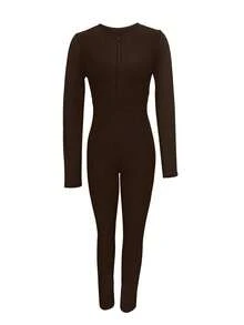 Casual Classic Crew Neck Back Cross Front Zipper Long Sleeve Jumpsuit Unitard Spring/Summer New Arrival Backless - Coffee Brown - View 4