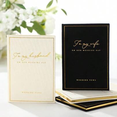 Sc-2 Pcs Wedding Vow Books His And Her To Husband Wife Wedding Must Have Registry Ideas Gold Foil Lined Page Premium Engagement Gift For Guest Groom Newly Engaged Couple BlackWhite