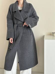 Manteau long élégant en laine pour femmes avec col châle et manches raglan avec ourlet fendu - Gris foncé - Voir 2