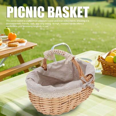 Cesta de picnic de mimbre con forro extraíble, tejida a mano, vacía, con asa, ideal para Pascua, camping, bodas y reuniones.