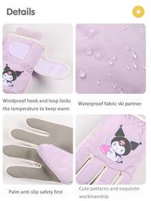 Sanrio زوج من القفازات الحرارية المبطنة المقاومة للماء والمناسبة للدراجات والتزلج والأنشطة الخارجية ذات نمط سانريو، مناسبة للخريف والشتاء