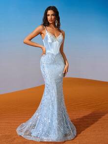 AOSHABABI 浅蓝色无袖可调节肩带长裙，手工水钻装饰紧身胸衣，美人鱼下摆搭配闪亮星光装饰，交叉背部设计，适合正式场合、音乐节、联欢晚会、婚礼嘉宾、节日派对、舞会、鸡尾酒会、约会、度假和伴娘礼服 - 淺藍色 - 查看 4