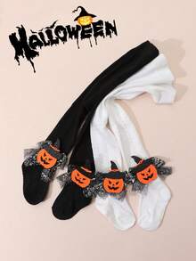 2pcs Baby Girls' Simple Shiny Bow Decor Solid Color Cable Knit Tights, Suitable For Halloween Pumpkin & Skull Outfit, Holiday Wear - Black and White - View 10