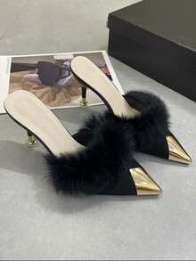 Giày cao gót nữ màu đen với gót mạ vàng thời trang và đế lót lông mềm mại, kiểu dép xỏ ngón, mũi nhọn, dép bít mũi màu đen, giày hở gót, dép lông phối màu, gợi cảm, dự tiệc. - màu đen - Xem 9