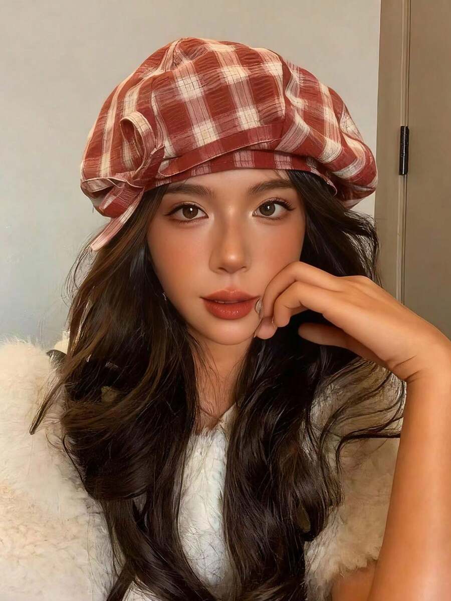 1 chiếc mũ nồi kẻ sọc cổ điển, mũ họa sĩ mùa hè dành cho nữ, chu vi đầu nhỏ, trang trí nơ - Đỏ - Xem 1