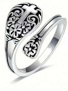 1 Stück modischer Blütenblatt-Kreuz-Jesus-Bibel-Verstellbarer Offener Ring für Männer & Frauen