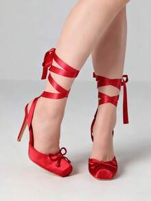 Ballet High Heels For Women Square Toe Satin Mary Janes Lace Up Heels Elegant Ballerina Stiletto Heels With Bow Party Dancing Shoes For Women - Đỏ - Xem 5