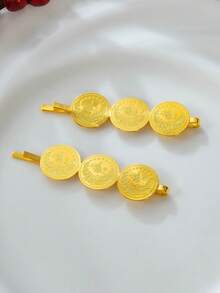 1 Paio di Fermagli per Capelli con Nappine e Monete d'Oro Vintage, Accessorio per Capelli Laterale Semplice per Spose di Stile Mediorientale - Taglia unica - Visualizzare 3