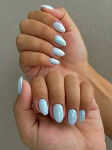 Instantly Upgrade Your Look! This 24pcs Set Of Black Oval Short Glossy Color Press-On Nail Strips, Paired With Macaron Candy Color Acrylic Nails, Includes 1pc Gel And 1pc Nail File, Suitable Women And Girls Daily Work, Study And Party Use. - 淺藍色 - 查看 12