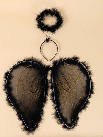 1 Set Alas de ángel y diadema con impresión de oro en plumas negras
