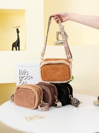 Women's Plush Crossbody Bag, Bohemian Style Color Block Chest Bag With Shoulder Strap, New Autumn/Winter Suede Fabric Fashion Large Capacity Handbag Clutch With Multi-Pockets, Suitable For Daily Outings, Shopping, Travel To Carry Phone, Coins, Cosmetics