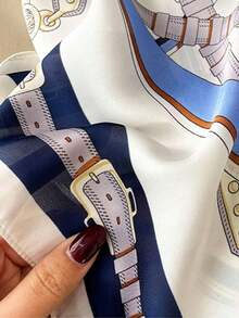 1pc Women's Luxurious Silk Bandana Scarf With Chain Pattern Design, 70x70cm, Elegant Headband, Hair Scarf, Versatile Neck Wrap, Ideal For Daily Wear In Spring, Dressing Up Casual Or Chic Outfits, Stylish Fashion Accessory For Women - 藍色和白色 - 查看 6