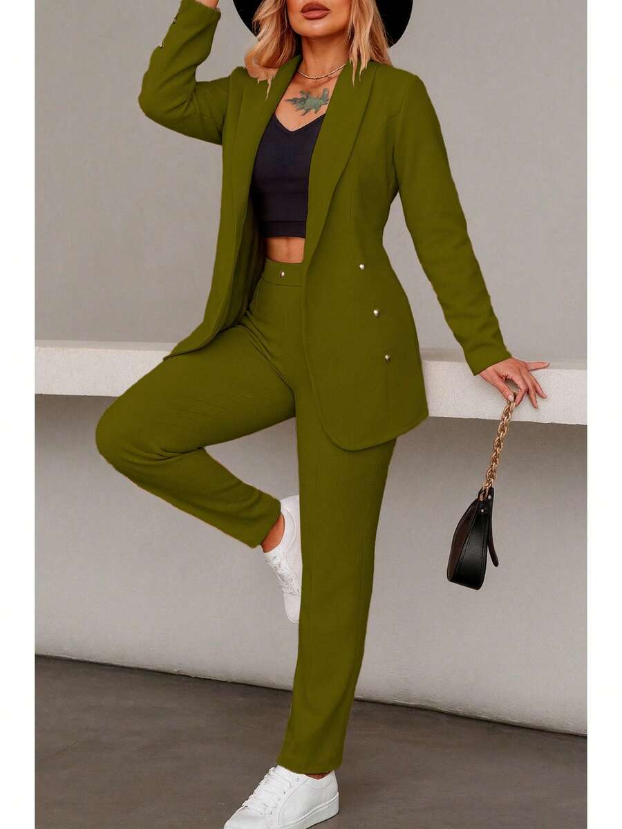 Elegante conjunto de traje liso de manga larga con cuello chal y doble botón para mujer, con bolsillos, para oficina y trabajo.