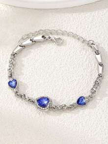 1 pieza Brazalete y aretes con cristal de zirconia en forma de corazón de color azul zafiro brillante como regalo de joyería para el Día de San Valentín para mujeres