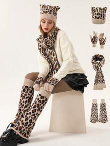 4pcs Women Winter Knitted Beanie Hat, Neck Warmer Scarf, Touch Screen Gloves, Flared Leg Warmers Set, Leopard Print Pattern, Warm Outfit For Cold Weather, Suitable For Daily Use, Dining, Party, Snow Trip, Dating And As Gift For Ladies