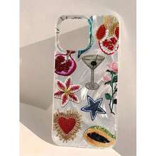 1pc Feather & Bead Embroidered Pomegranate & Star Pattern Full Coverage TPU Shockproof Phone Case Compatible With  16, 15, 14, 13, 12, 11 Pro Max, Series-For-Your-New-