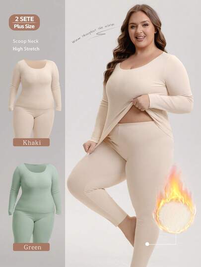 2 Sets, Women's Solid Color Thermal Underwear Plus Plus Plus Fat Thin Autumn Clothes And Autumn Pants Set, Warm And Close Fitting Underwear Plus Plus High Elasticity German Velvet Fat Warm Sleepwear Set