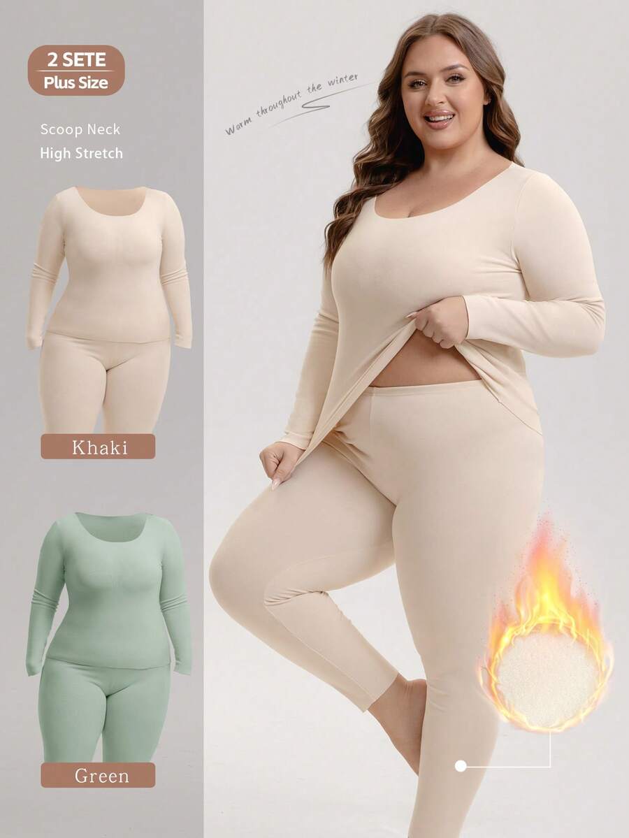 2 Sets, Women's Solid Color Thermal Underwear Plus Plus Plus Fat Thin Autumn Clothes And Autumn Pants Set, Warm And Close Fitting Underwear Plus Plus High Elasticity German Velvet Fat Warm Sleepwear Set