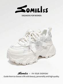somiliss 女士厚底时尚厚底运动鞋，正面系带，舒适网面运动休闲鞋，适合日常穿着和通勤，7厘米高跟，2026夏季新款跑步鞋，白色 - 白色 - 查看 3