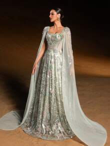 GIFORU Luxury Mint Floral Applique Gown , Square Neck Cascading Sleeves With 3D Blossoms & Cathedral Train For Garden Soirees, Opera Nights And Red Carpet Galas Wedding Prom Dress Wedding Dresses For Bride Formal Dresses For Women - 草綠色 - 查看 8