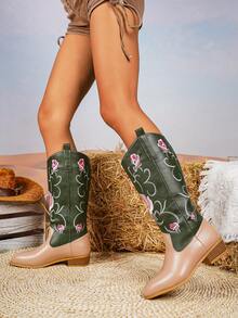 2025 Autumn/Winter New Retro High Heel Tall Boots For Women, Fashion Square Toe PU Leather Embroidered Thick Heel Riding Boots - Apricot - View 14