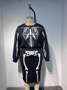 2025 Plus-Size Halloween Costume New Casual Plus-Size Two Pieces Suit, Early Autumn And New Autumn, Day Of The Dead, Easter, Western Style, Parties, Student Costumes, Holiday Restrictions, Role-Playing Dances And Other Scenes, Popular Online Goods, Skull Pattern Printing, Knitted Fabrics, Suitable For Going Out To Wear.