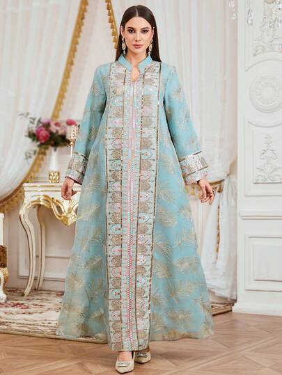 SISKAKIA Luxury Leaf Pattern Woven Fabric Sequin Patchwork Embroidered Dress, Suitable For Holiday, School, Office, Date, All Seasons