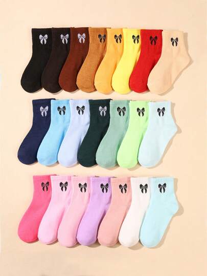 10 Pairs Kids Random Candy Color Bowknot Sports Casual Mid-Calf Socks, Warm For Autumn/Winter