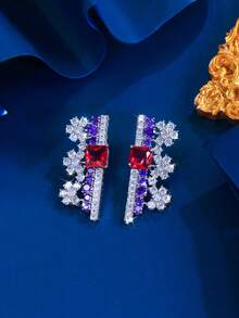 1 Pair Symmetrical Purple And Rose Red Cubic Zirconia Luxury Gorgeous Dangle Drop Long Pageant Earrings For Women Festival Jewelry
