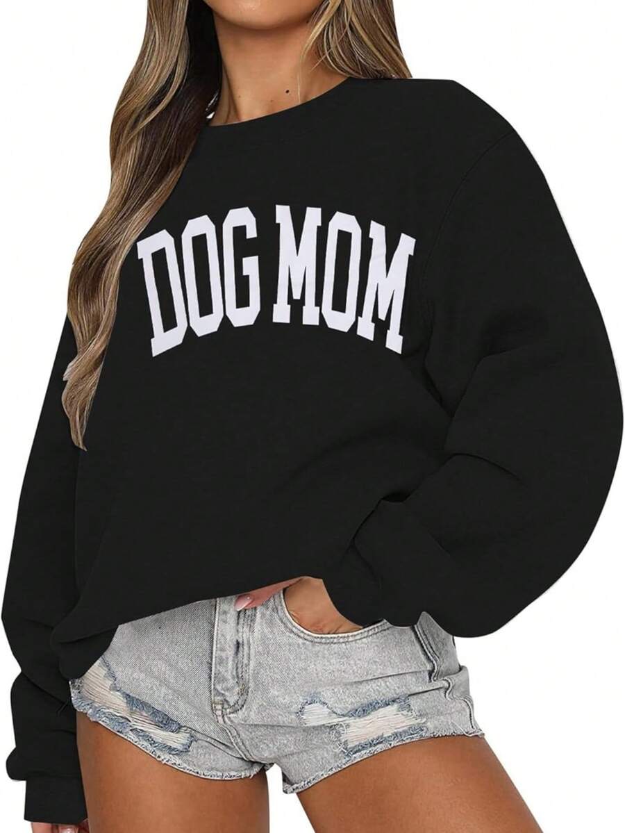 KNEYATTA Sudadera Con Texto En Inglés "Dog Mom", Sudadera Para Mujer Amante De Los Perros, Sudadera Divertida Con Gráficos De Otoño, Sudaderass Sin Botones - Oscuro - Ver 1