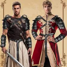 7 Pcs Men's Renaissance Costume Set Medieval Pirate Shirt Viking Shawl Belt Shoulder Armor Sword Bag Cosplaygift - As Pic - View 6