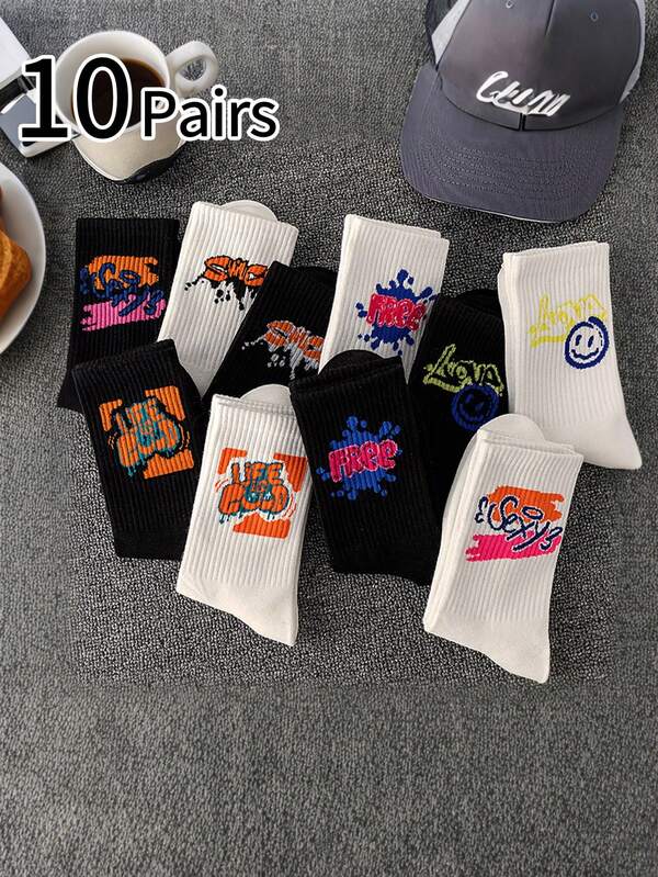 10 pares de meias de basquete infantis, meias esportivas respiráveis unissex com design de grafite, meias casuais confortáveis para crianças de 8 a 16 anos, adequadas para uso diário e atividades ao ar livre
