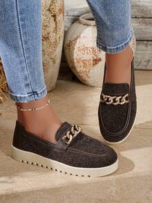 Women's Soft Sole Comfortable Chain Decor Casual Sneakers, Fashion Slip-On Loafers For Autumn