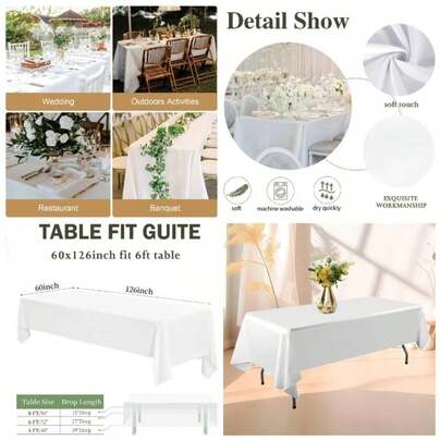 White Tablecloths Rectangle, 6Pack 153x 260cm 6ft Rectangle Tables, Suitable Wedding, Banquet, Restaurant, Parties60*102inch