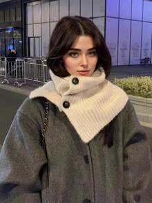 1pc Winter Warm Knitted Collar Scarf Women Korean Thicken High Neck Wraps Solid Color Button Woolen Fake Collar Pullover Shawl