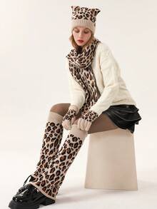 4pcs Women Winter Knitted Beanie Hat, Neck Warmer Scarf, Touch Screen Gloves, Flared Leg Warmers Set, Leopard Print Pattern, Warm Outfit For Cold Weather, Suitable For Daily Use, Dining, Party, Snow Trip, Dating And As Gift For Ladies