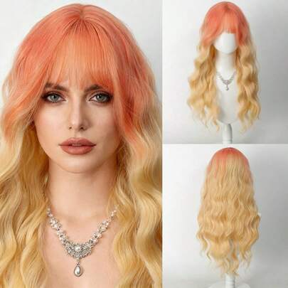 باروكة نسائية عصرية ذات تدرج برتقالي وذهبي طويلة وكيرلي، بأسلوب موجات المياه على طراز لوليتا، مناسبة لارتداء في مناسبات هالوين والأدوار المسرحية