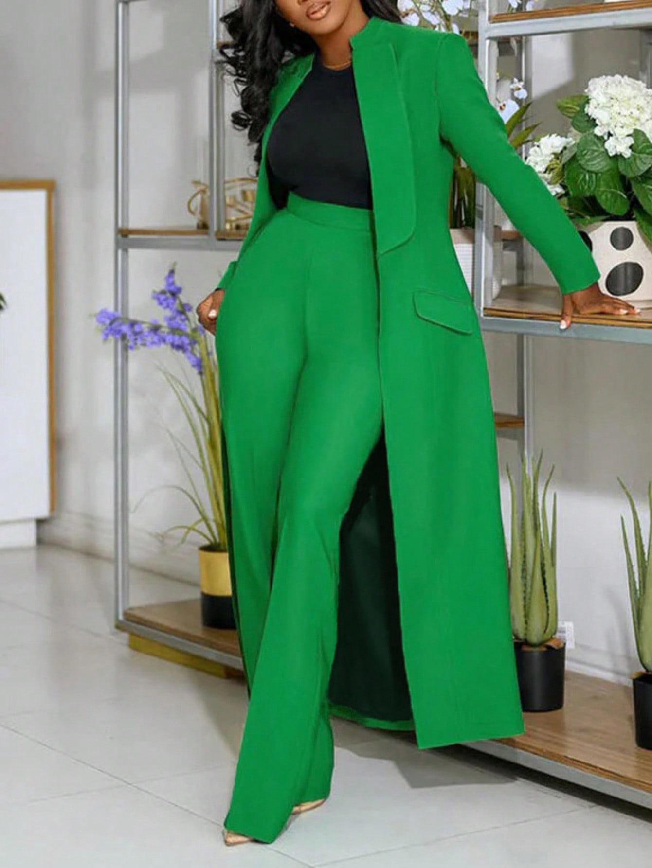 بدلة نسائية من قطعتين، جاكيت طويلة بياقة وأكمام طو...